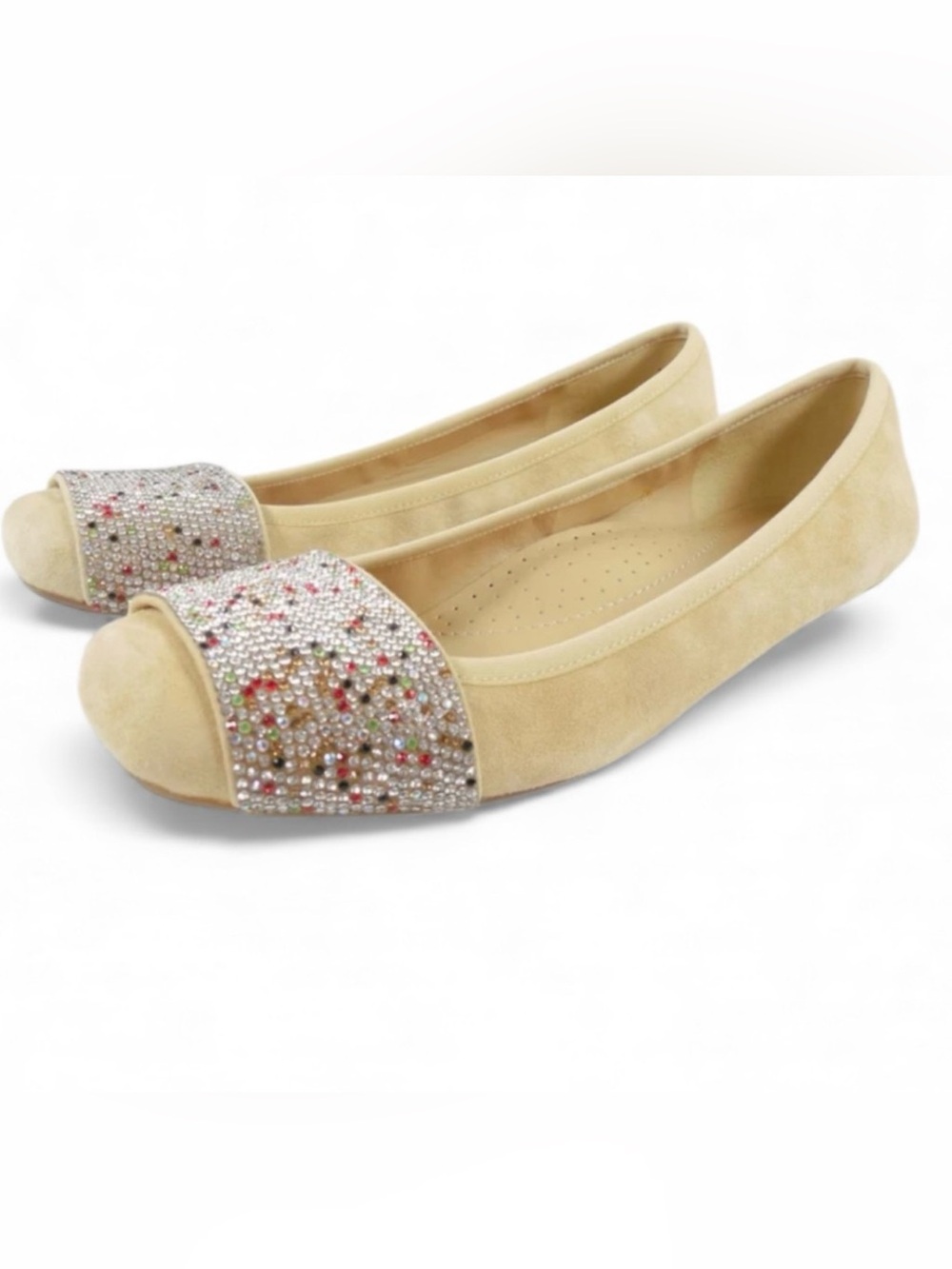 Vaneli Tan Suede Leather Multi-Color Rhinestones Flats Square Toe 8 Narrow New